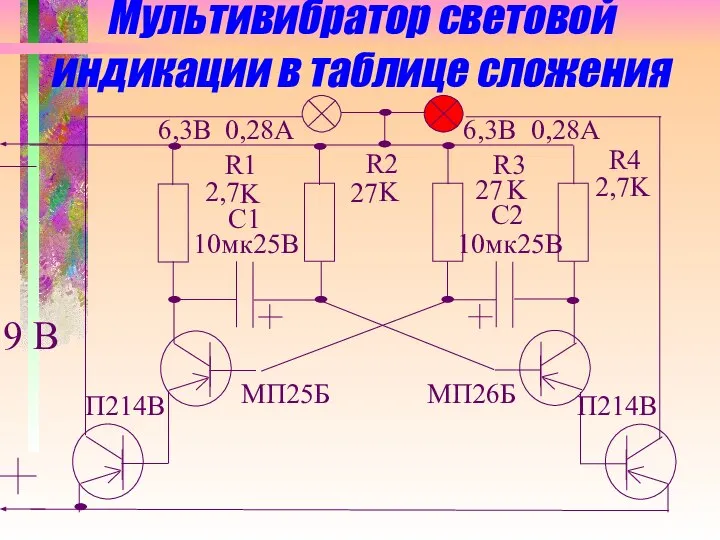 Мультивибратор световой индикации в таблице сложения 9 В R1 R2 R3