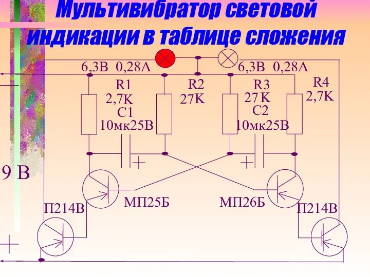 Мультивибратор световой индикации в таблице сложения 9 В R1 R2 R3