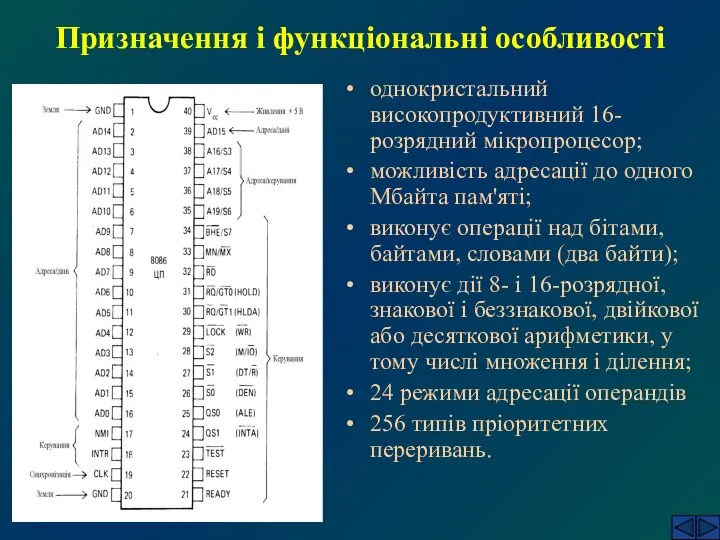 Призначення і функціональні особливості однокристальний високопродуктивний 16-розрядний мікропроцесор; можливість адресації до