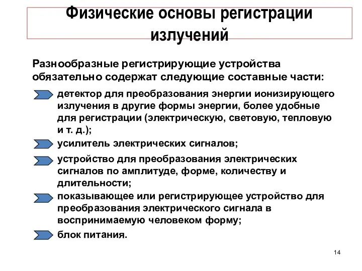 Физические основы регистрации излучений Разнообразные регистрирующие устройства обязательно содержат следующие составные