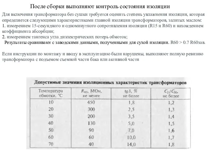 После сборки выполняют контроль состояния изоляции Для включения трансформатора без сушки