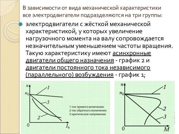 В зависимости от вида механической характеристики все электродвигатели подразделяются на три