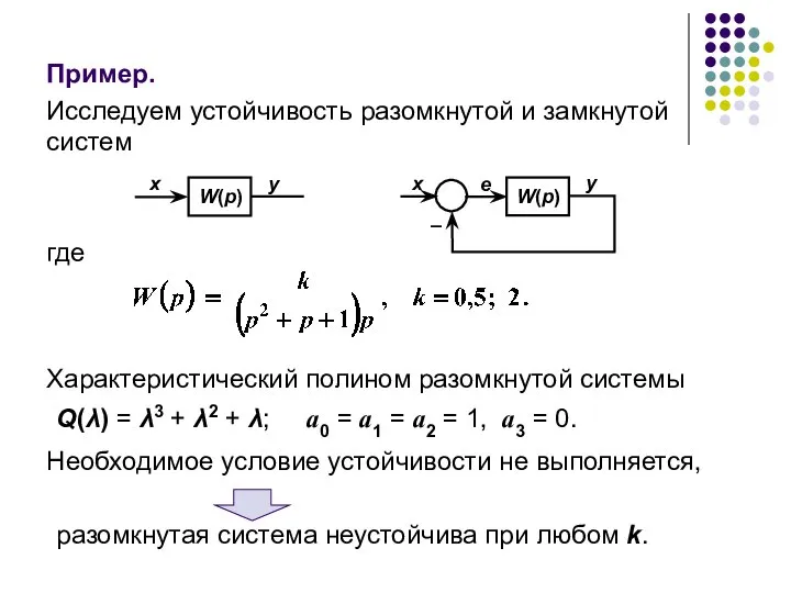 Пример. Исследуем устойчивость разомкнутой и замкнутой систем где Характеристический полином разомкнутой