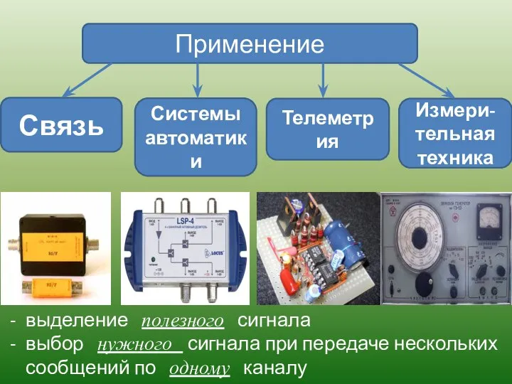 Связь Системы автоматики Телеметрия Измери- тельная техника Применение выделение полезного сигнала