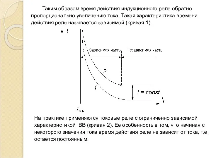 Таким образом время действия индукционного реле обратно пропорционально увеличению тока. Такая