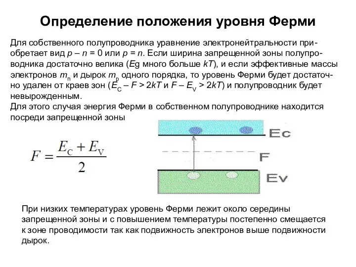 Определение положения уровня Ферми Для собственного полупроводника уравнение электронейтральности при- обретает