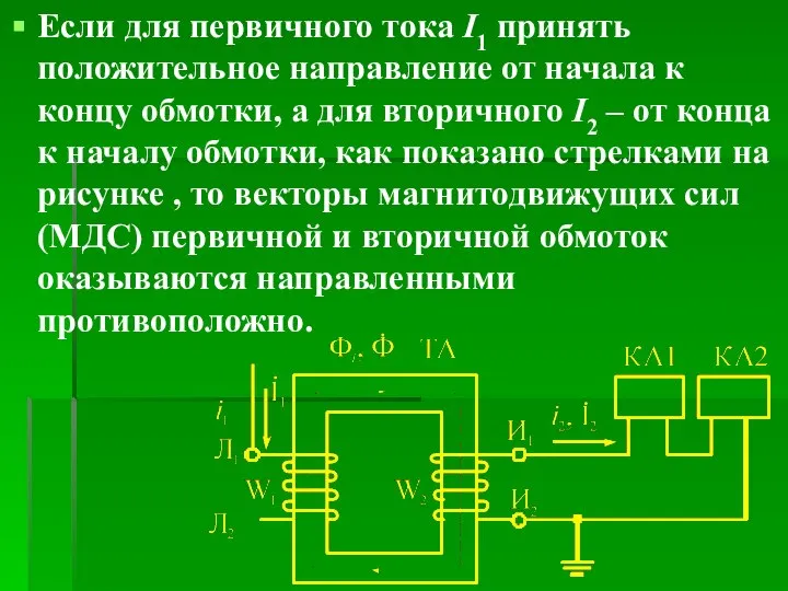 Если для первичного тока I1 принять положительное направление от начала к