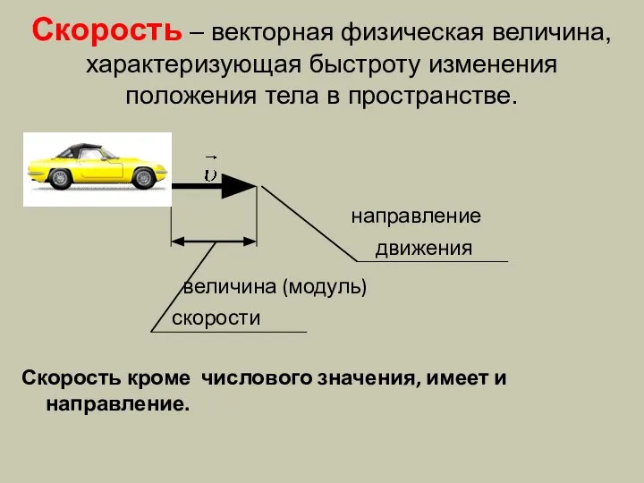 Скорость – векторная физическая величина, характеризующая быстроту изменения положения тела в