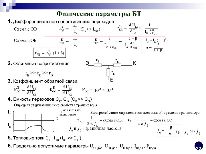 Физические параметры БТ 1. Дифференциальное сопротивление переходов Схема с ОЭ Схема