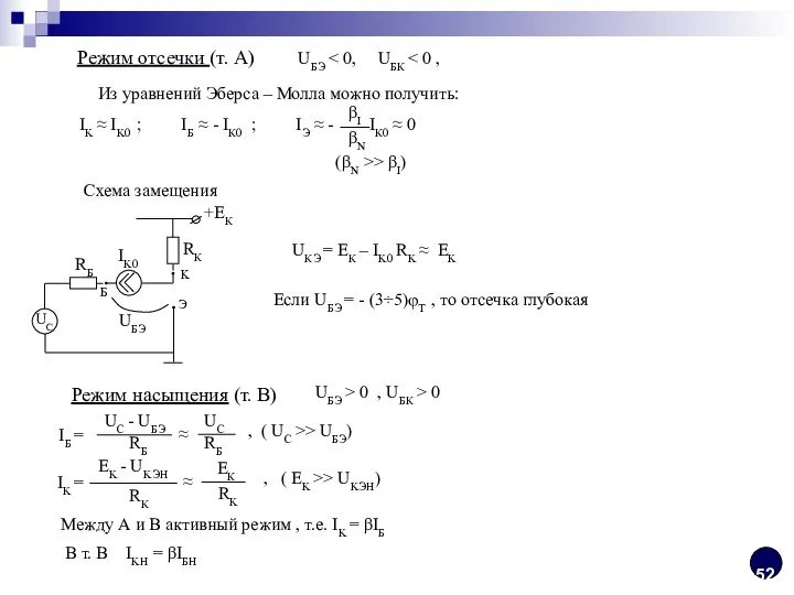 Режим отсечки (т. А) UБЭ Из уравнений Эберса – Молла можно