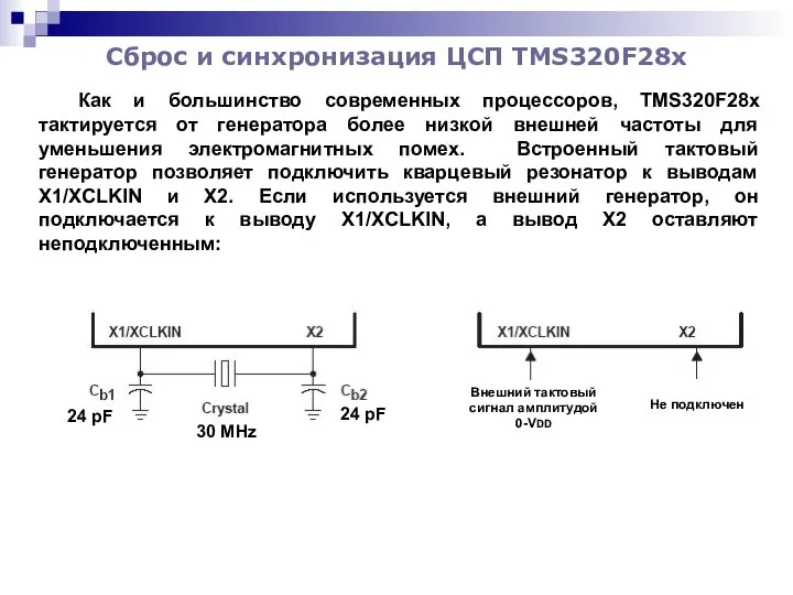 Сброс и синхронизация ЦСП TMS320F28x Как и большинство современных процессоров, TMS320F28x