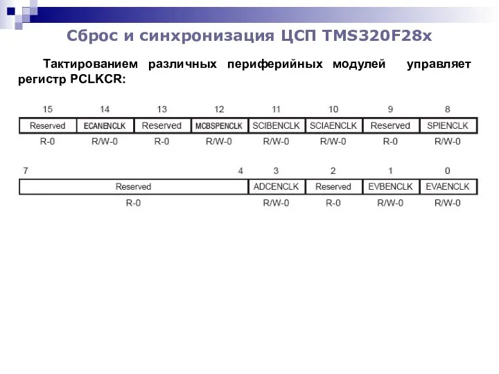 Сброс и синхронизация ЦСП TMS320F28x Тактированием различных периферийных модулей управляет регистр PCLKCR: