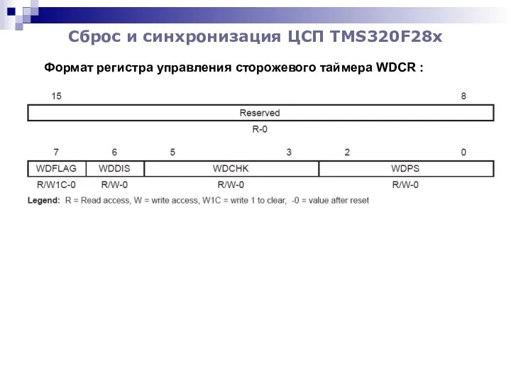 Сброс и синхронизация ЦСП TMS320F28x Формат регистра управления сторожевого таймера WDCR :