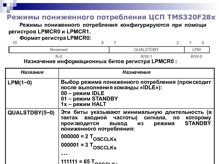 Режимы пониженного потребления ЦСП TMS320F28x Режимы пониженного потребления конфигурируются при помощи