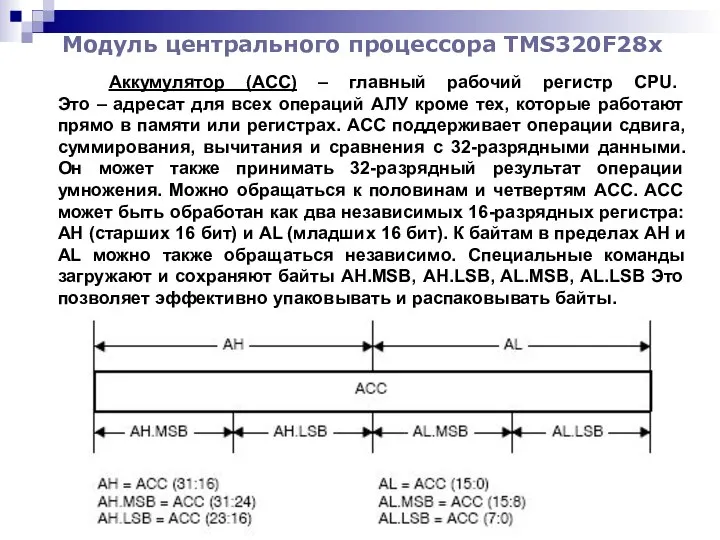 Модуль центрального процессора TMS320F28x Аккумулятор (ACC) – главный рабочий регистр CPU.