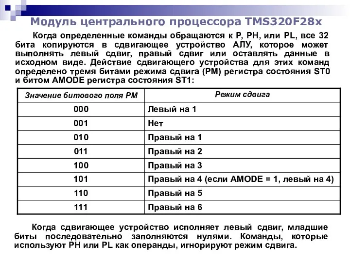 Модуль центрального процессора TMS320F28x Когда определенные команды обращаются к P, PH,