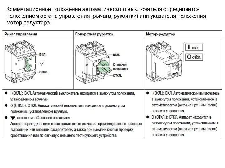 Коммутационное положение автоматического выключателя определяется положением органа управления (рычага, рукоятки) или указателя положения мотор редуктора.