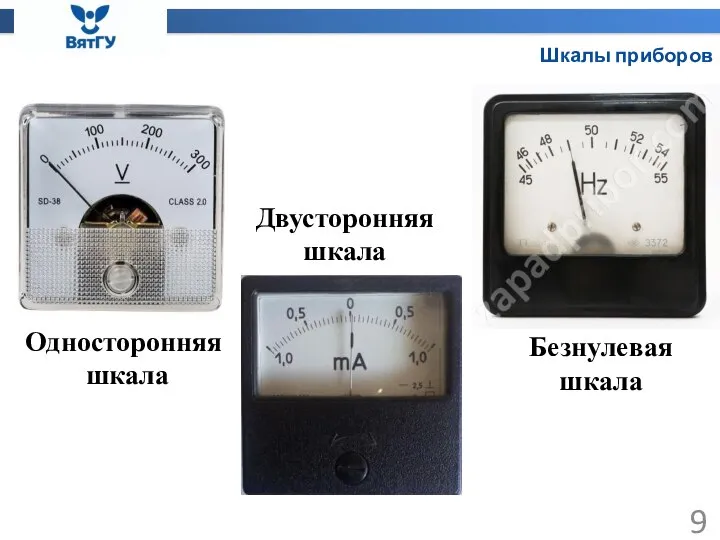 Шкалы приборов Односторонняя шкала Двусторонняя шкала Безнулевая шкала