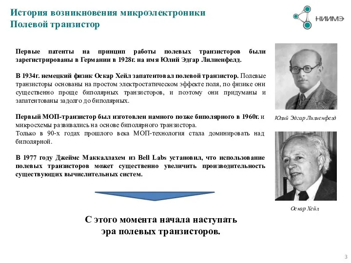 История возникновения микроэлектроники Полевой транзистор Первые патенты на принцип работы полевых