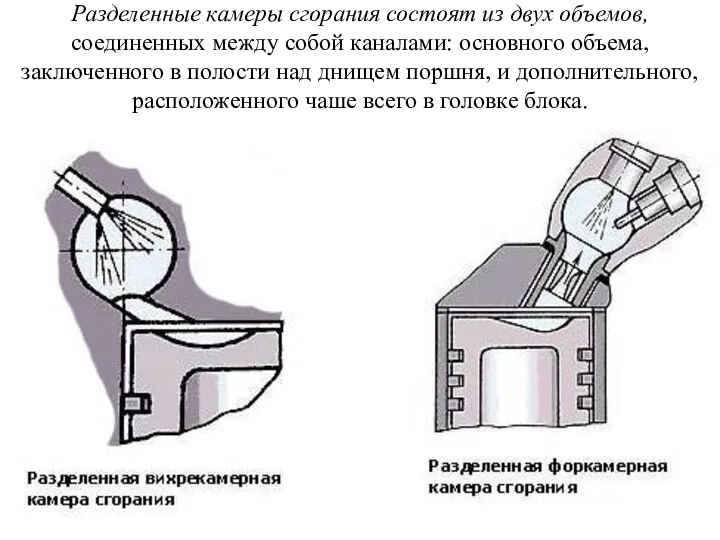 Разделенные камеры сгорания состоят из двух объемов, соединенных между собой каналами: