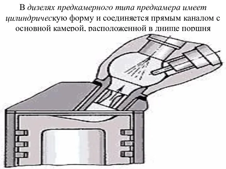 В дизелях предкамерного типа предкамера имеет цилиндрическую форму и соединяется прямым