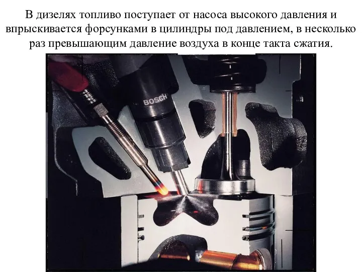 В дизелях топливо поступает от насоса высокого давления и впрыскивается форсунками
