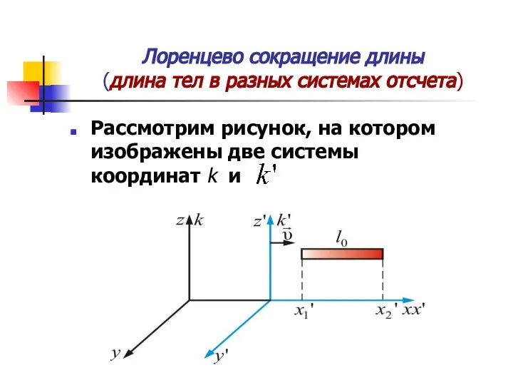 Лоренцево сокращение длины (длина тел в разных системах отсчета) Рассмотрим рисунок,