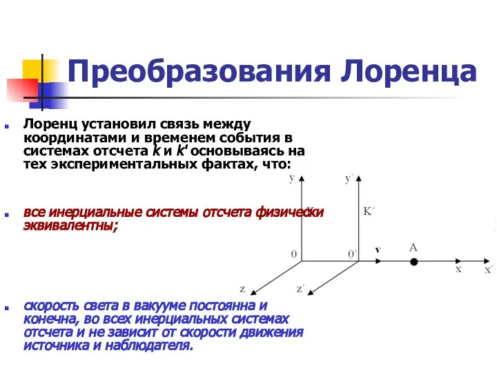 Преобразования Лоренца Лоренц установил связь между координатами и временем события в