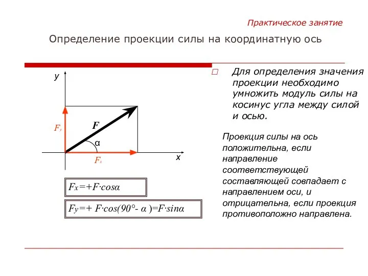 Для определения значения проекции необходимо умножить модуль силы на косинус угла