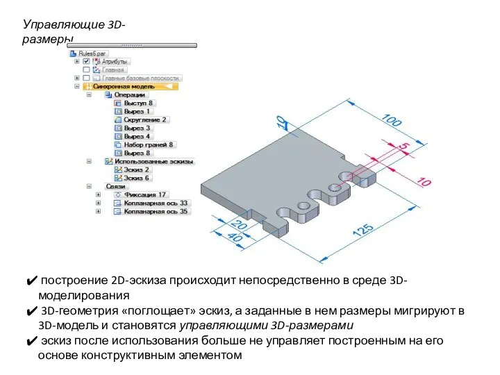 Управляющие 3D-размеры построение 2D-эскиза происходит непосредственно в среде 3D-моделирования 3D-геометрия «поглощает»