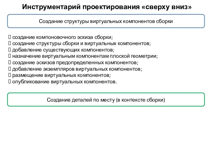 Инструментарий проектирования «сверху вниз» создание компоновочного эскиза сборки; создание структуры сборки