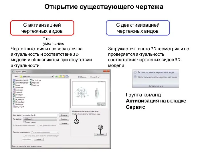 Открытие существующего чертежа С активизацией чертежных видов Загружается только 2D-геометрия и