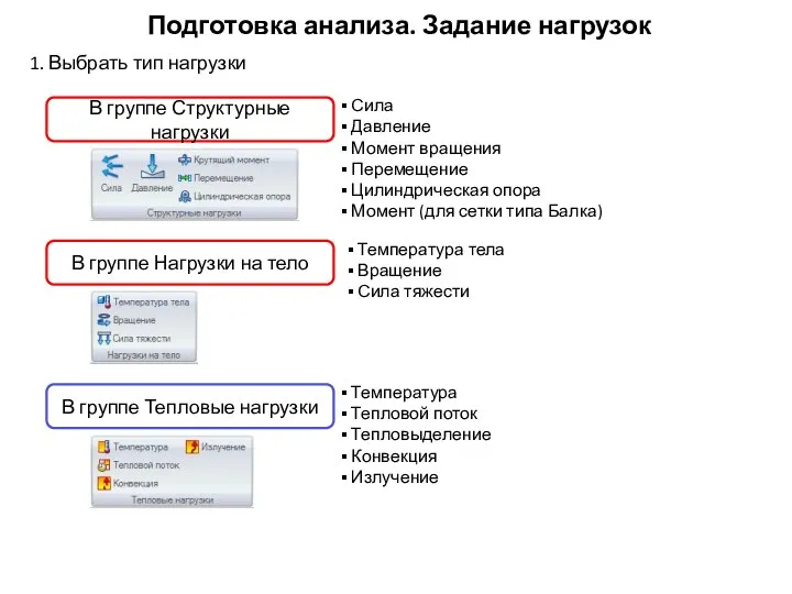 Подготовка анализа. Задание нагрузок Сила Давление Момент вращения Перемещение Цилиндрическая опора