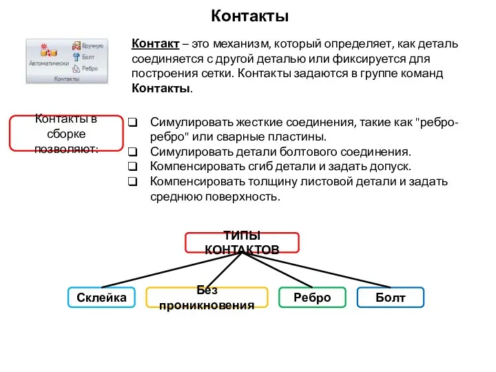 Контакты Симулировать жесткие соединения, такие как "ребро-ребро" или сварные пластины. Симулировать