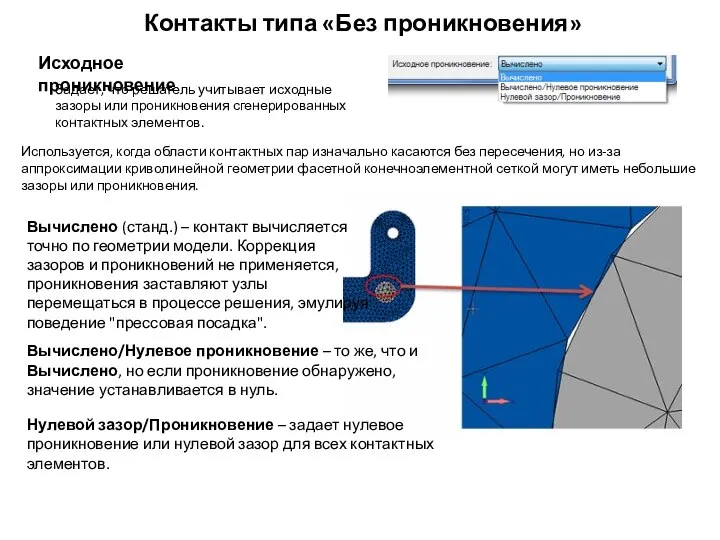 Контакты типа «Без проникновения» Исходное проникновение Задает, что решатель учитывает исходные