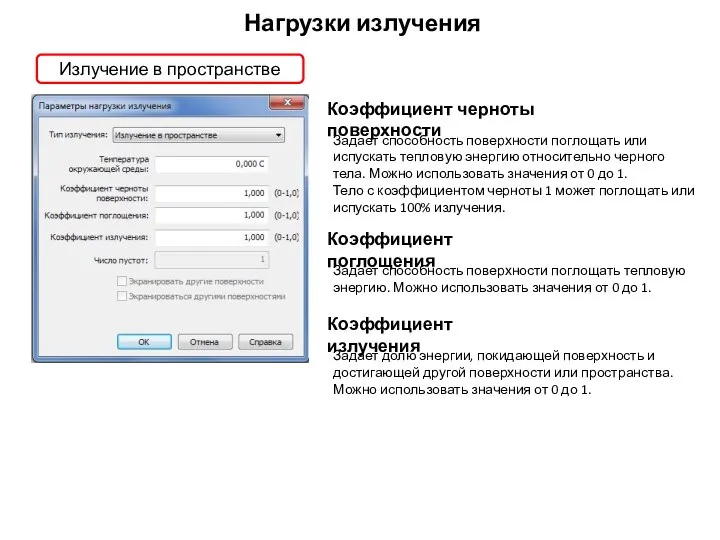 Нагрузки излучения Излучение в пространстве Коэффициент черноты поверхности Задает способность поверхности