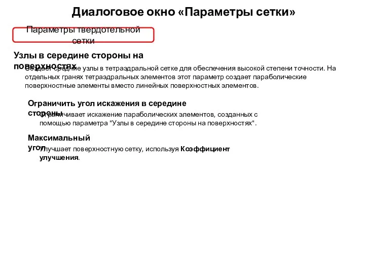 Диалоговое окно «Параметры сетки» Параметры твердотельной сетки Узлы в середине стороны