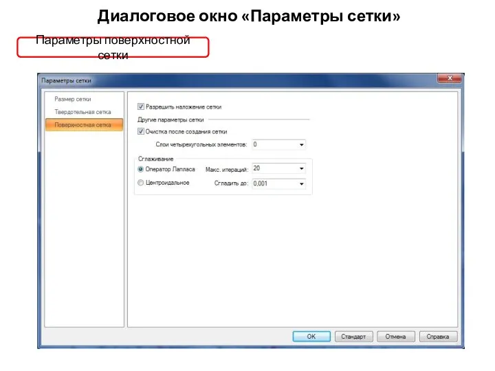 Диалоговое окно «Параметры сетки» Параметры поверхностной сетки