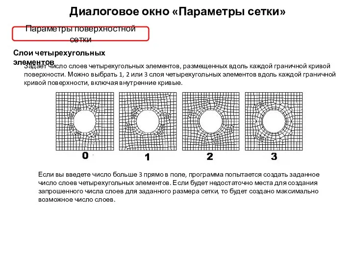 Диалоговое окно «Параметры сетки» Параметры поверхностной сетки Слои четырехугольных элементов Задает