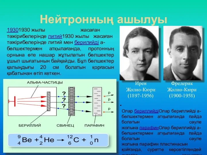 Нейтронның ашылуы Ирен Жолио-Кюри (1897-1956) Фредерик Жолио-Кюри (1900-1958) 19301930 жылы жасаған