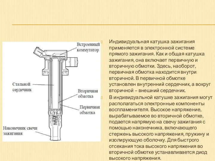 Индивидуальная катушка зажигания применяется в электронной системе прямого зажигания. Как и