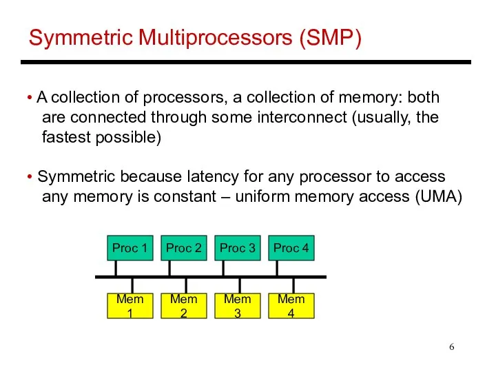 Symmetric Multiprocessors (SMP) A collection of processors, a collection of memory: