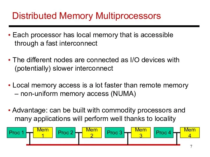 Distributed Memory Multiprocessors Each processor has local memory that is accessible