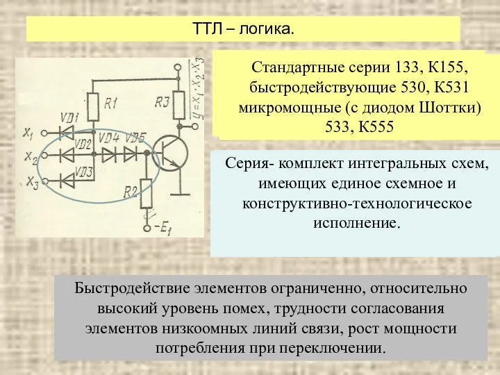 ТТЛ – логика. В транзисторно-транзисторной логике матрица диодов заменяется интегральным элементом