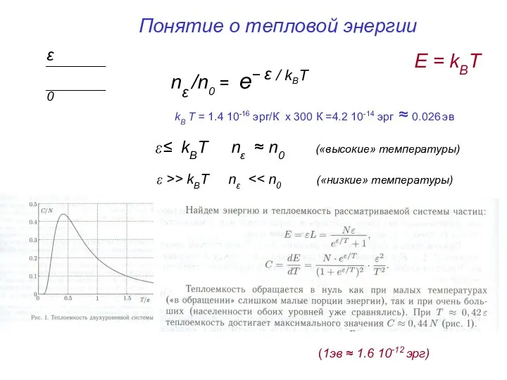 Понятие о тепловой энергии nε /n0 = e− ε / kBT