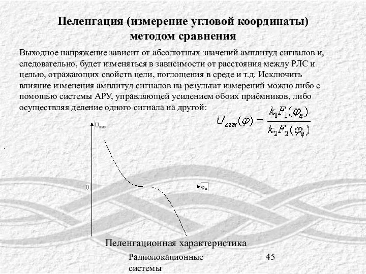 Радиолокационные системы Пеленгация (измерение угловой координаты) методом сравнения Выходное напряжение зависит