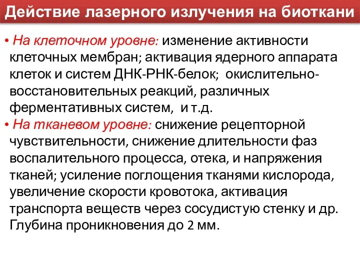 Действие лазерного излучения на биоткани На клеточном уровне: изменение активности клеточных