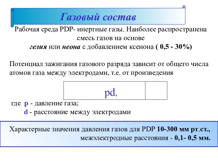 Газовый состав Рабочая среда PDP- инертные газы. Наиболее распространена смесь газов