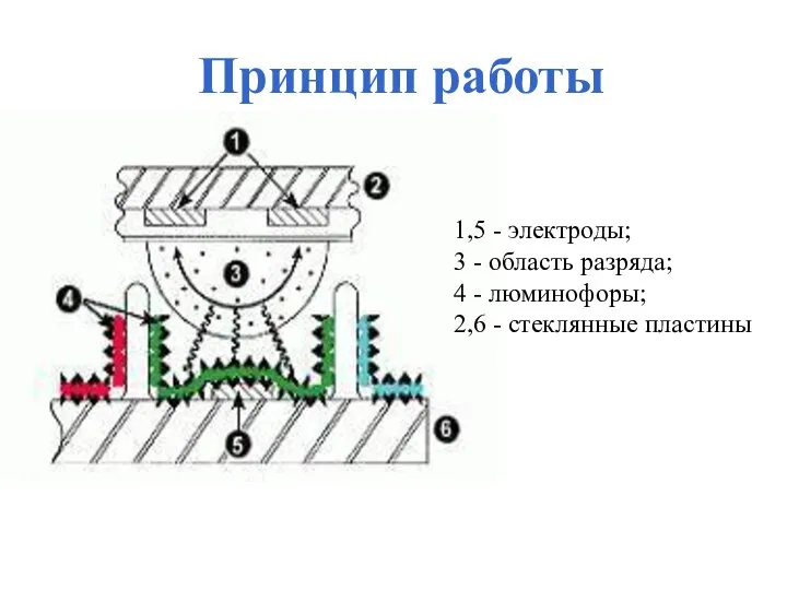 Принцип работы 1,5 - электроды; 3 - область разряда; 4 - люминофоры; 2,6 - стеклянные пластины