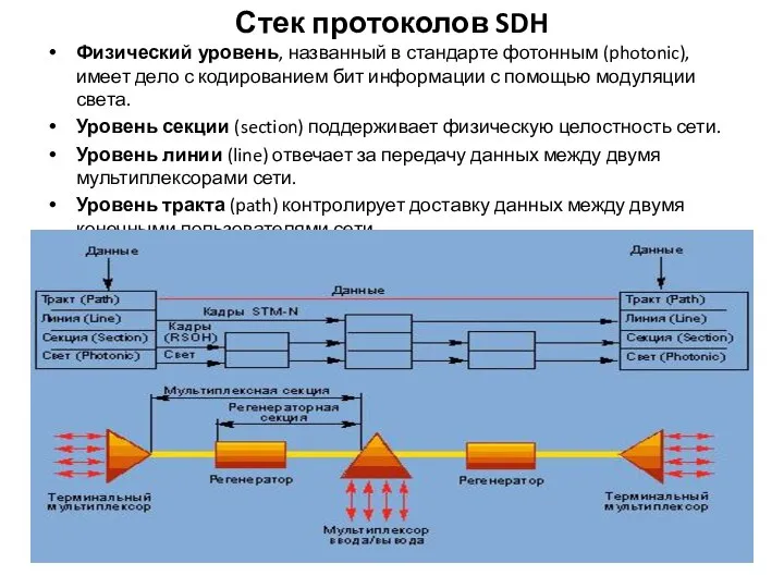 Стек протоколов SDH Физический уровень, названный в стандарте фотонным (photonic), имеет